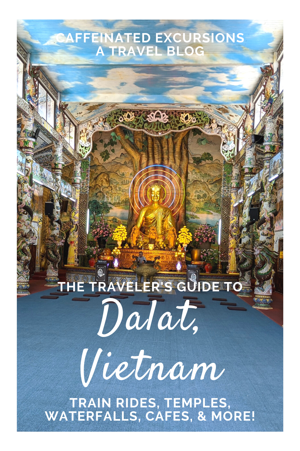 If you're thinking about a trip to Vietnam, don't overlook Dalat! This medium-sized city nestled in the mountains of Lam Dong Province is a joy to explore and contains many pleasant surprises. Check out this post to learn more! #dalat #dalatvietnam #vietnam #dalatlamdong #lamdong #lamdongprovince #visitdalat #visitvietnam #dalatcafes #dalathostels #dalathomestay #dalattrain #linhphuocpagoda #datanla #datanlawaterfall #cafesdalat #hoxuanhuong #travelblog #travelvietnam #caffeinatedexcursions